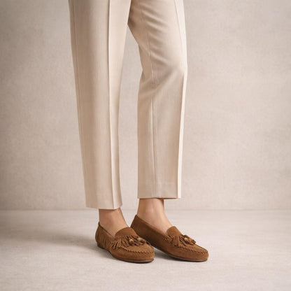 Mocassin daim frange femme